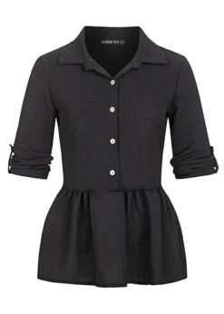 Cloud5ive Damen Turn-Up Schösschen Bluse Mit Knopfleiste Schwarz