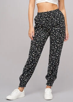 Cloud5ive Damen Viskose Hose Mit Bündchen 2-Pockets & Floralem Print Schwarz Weiss