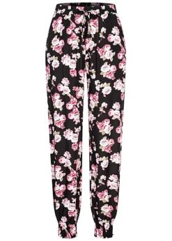Cloud5ive Damen Viskose Hose Mit Bündchen 2-Pockets & Rosen Print Schwarz Rosa