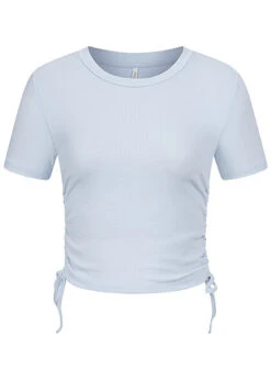 ONLY Damen Ribbed T-Shirt M. Seitl. Raffdetailschnüren Cashmere Hell Blau