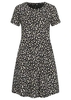 ONLY Damen Sommer Kleid AOP Blumen Print Kurzarm Schwarz Weiss Gelb