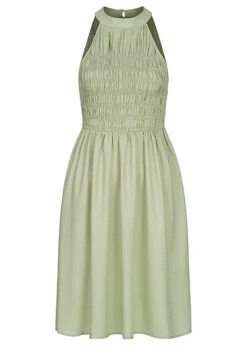 Pieces Damen Longform Viskose Neckholder Kleid Mit Smok- Detail Swamp Grün