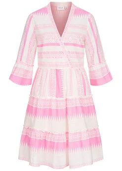 VILA Damen 3/4 Arm V-Neck Tunika Kleid Mit Streifen Muster Fuchsia Pink Rosa