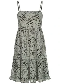 ONLY Damen NOOS Sommerkleid Stufenoptik Leo Punkte Print 2-lagig Seagrass Grün Schwarz