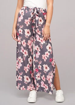 Cloud5ive Damen High-Waist Sommerhose Mit Blumen Print Seitl. Schlitze Grau Rosa