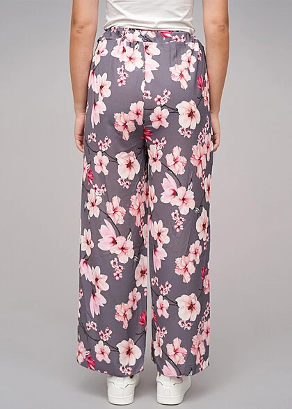 Cloud5ive Damen High-Waist Sommerhose Mit Blumen Print Seitl. Schlitze Grau Rosa 4 Cloud5ive Damen High-Waist Sommerhose Mit Blumen Print Seitl. Schlitze Grau Rosa – Bild 2