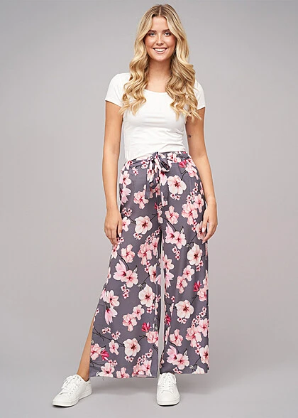 Cloud5ive Damen High-Waist Sommerhose Mit Blumen Print Seitl. Schlitze Grau Rosa 5 Cloud5ive Damen High-Waist Sommerhose Mit Blumen Print Seitl. Schlitze Grau Rosa – Bild 3