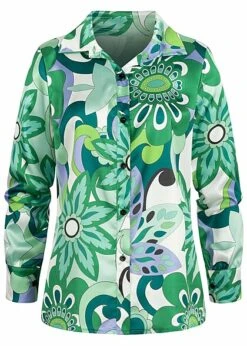 Cloud5ive Damen Flower Satin Bluse Mit Knopfleiste Grün