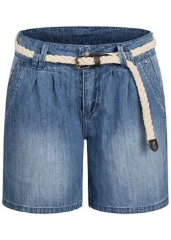 Cloud5ive Damen Soft Jeans Shorts 5-Pockets Inkl. Flechtgürtel Dunkel Blau Denim