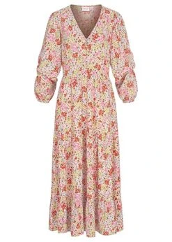 VILA Damen V-Neck Maxi Viskose Langarm Kleid Mit Blumen Print Alyssum Weiss Mc