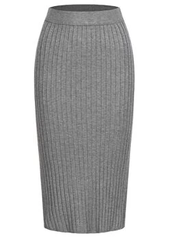 VILA Damen Ribbed Midi Viskose Rock Mit Elast. Bund Medium Grau Melange