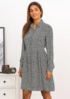 VILA Damen NOOS Langarm Kleid Mit Knopfleiste Und Kragen Print Schwarz Weiss