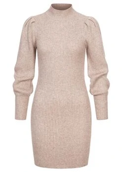 ONLY Damen NOOS Ribbed Langarm Kleid Mit Pufferärmel Und Strukturstoff Meringue Braun