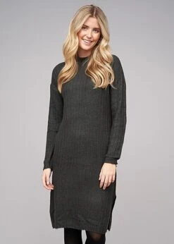 Vero Moda Damen Maxi Kleid Langarm M. High-Neck Rundhals Dunkel Grau Melange