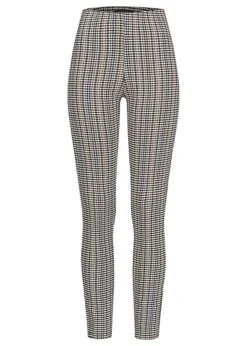 Cloud5ive Damen Viskose Stoffhose Hahnentritt Muster Gummibund Weiss Beige