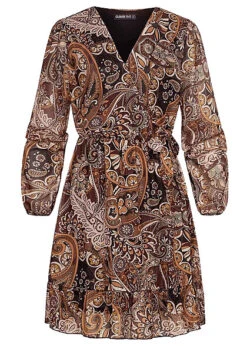 Cloud5ive Damen Chiffon Kleid Langarm Mit Bindedetail Und Print Schwarz Multicolor