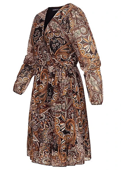 Cloud5ive Damen Chiffon Kleid Langarm Mit Bindedetail Und Print Schwarz Multicolor 4 Cloud5ive Damen Chiffon Kleid Langarm Mit Bindedetail Und Print Schwarz Multicolor – Bild 2