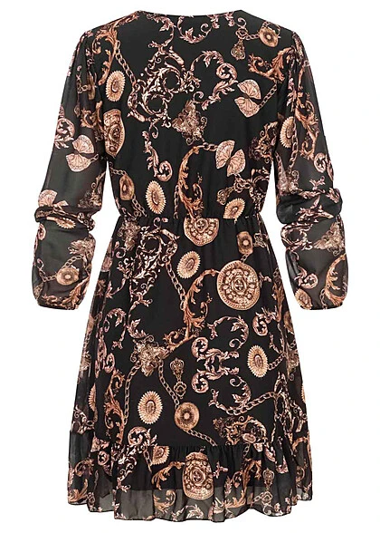 Cloud5ive Damen Chiffon Kleid Mit V-Neck Und Ornamentprint Schwarz Beige 5 Cloud5ive Damen Chiffon Kleid Mit V-Neck Und Ornamentprint Schwarz Beige – Bild 3