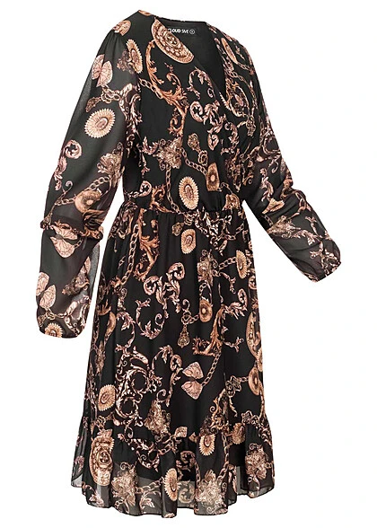 Cloud5ive Damen Chiffon Kleid Mit V-Neck Und Ornamentprint Schwarz Beige 6 Cloud5ive Damen Chiffon Kleid Mit V-Neck Und Ornamentprint Schwarz Beige – Bild 4