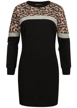 Cloud5ive Damen Langarm-Kleid Mit Streifen Und Leo-Print Schwarz Grau Beige