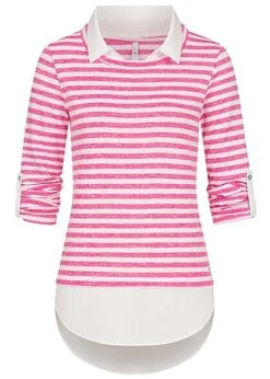 Hailys Damen 2in1 Hemd Und Pullover Mit Turn-Up Ärmeln Gestreift Pink Weiss