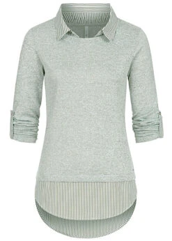 Hailys Damen 2in1 Hemd Und Pullover Mit Turn-Up Ärmeln Gestreift Khaki Weiss