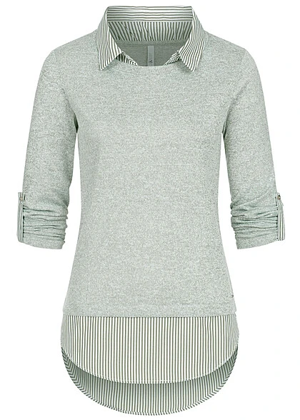 Hailys Damen 2in1 Hemd Und Pullover Mit Turn-Up Ärmeln Gestreift Khaki Weiss 3 Hailys Damen 2in1 Hemd Und Pullover Mit Turn-Up Ärmeln Gestreift Khaki Weiss
