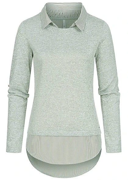Hailys Damen 2in1 Hemd Und Pullover Mit Turn-Up Ärmeln Gestreift Khaki Weiss 4 Hailys Damen 2in1 Hemd Und Pullover Mit Turn-Up Ärmeln Gestreift Khaki Weiss – Bild 2