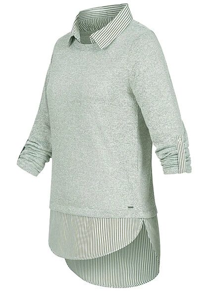 Hailys Damen 2in1 Hemd Und Pullover Mit Turn-Up Ärmeln Gestreift Khaki Weiss 5 Hailys Damen 2in1 Hemd Und Pullover Mit Turn-Up Ärmeln Gestreift Khaki Weiss – Bild 3