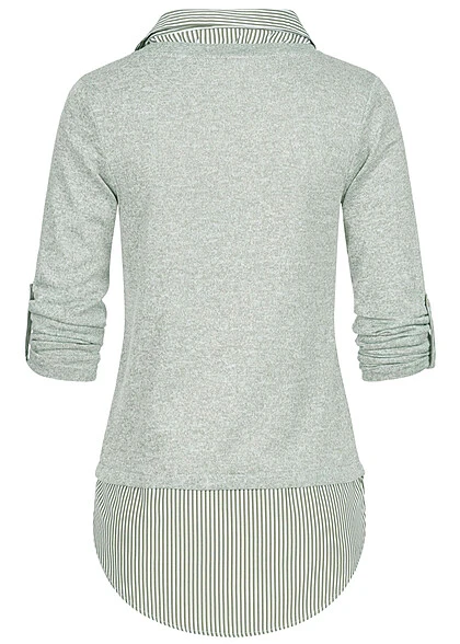 Hailys Damen 2in1 Hemd Und Pullover Mit Turn-Up Ärmeln Gestreift Khaki Weiss 6 Hailys Damen 2in1 Hemd Und Pullover Mit Turn-Up Ärmeln Gestreift Khaki Weiss – Bild 4