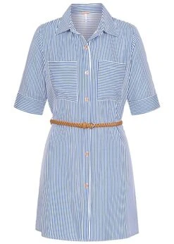 Aiki Damen Viskose Kleid Mit Knopfleiste Und Gürtel Gestreift Weiss Blau