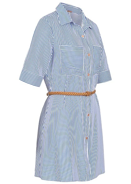 Aiki Damen Viskose Kleid Mit Knopfleiste Und Gürtel Gestreift Weiss Blau 4 Aiki Damen Viskose Kleid Mit Knopfleiste Und Gürtel Gestreift Weiss Blau – Bild 2
