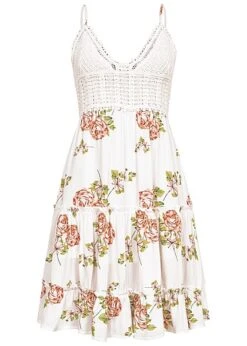 Aiki Damen Viskose Sommer Kleid Mit Häkelbesatz Und Schleife Blumenprint Weiss