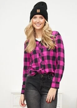 Urban Classics Damen Bluse Turn Up Hemd Karo Muster Wildviolet Schwarz