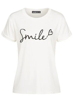 Cloud5ive Damen Viskose Shirt Mit Ärmel-Umschlag Smile-Print Weiss