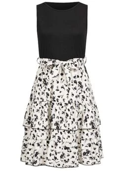 Cloud5ive Damen 2-Tone Kleid Mit Stufen Und Bindegürtel Ornament Print Schwarz Weiss
