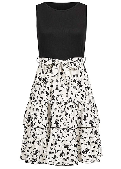 Cloud5ive Damen 2-Tone Kleid Mit Stufen Und Bindegürtel Ornament Print Schwarz Weiss 3 Cloud5ive Damen 2-Tone Kleid Mit Stufen Und Bindegürtel Ornament Print Schwarz Weiss