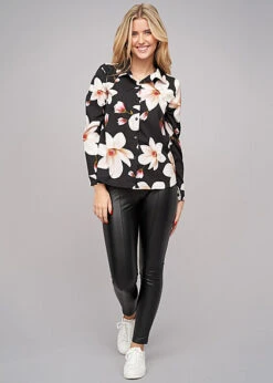 Cloud5ive Damen Langarm-Bluse Mit Knopfleiste U. Blumenprint Schwarz -Luftig Und Leicht 23036705 2