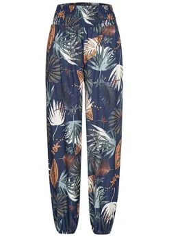 Cloud5ive Damen Viskose Sommer Hose Mit All Over Tropical Print Navy Blau