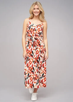 Cloud5ive Damen Maxi-Kleid Mit V-Neck Und Bindegürtel Rust Rot Multicolor