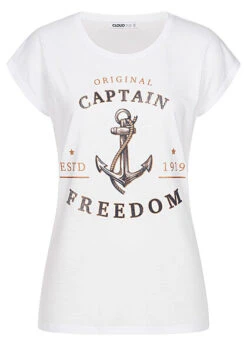 Cloud5ive Damen T-Shirt Mit Captain Freedom Anker Print Weiss