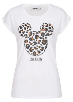 Cloud5ive Damen T-Shirt Mit Disney Mickey Mouse Leo Print Weiss