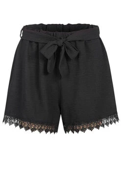 Cloud5ive Damen Musselin Shorts Mit Spitzendetails Und Bindegürtel Schwarz