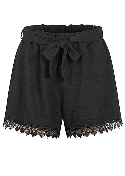 Cloud5ive Damen Musselin Shorts Mit Spitzendetails Und Bindegürtel Schwarz 3 Cloud5ive Damen Musselin Shorts Mit Spitzendetails Und Bindegürtel Schwarz