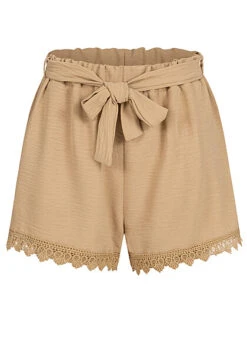 Cloud5ive Damen Musselin Shorts Mit Spitzendetails Und Bindegürtel Beige