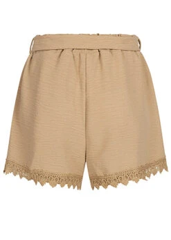 Cloud5ive Damen Musselin Shorts Mit Spitzendetails Und Bindegürtel Beige -Luftig Und Leicht 23056020 2