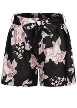 Cloud5ive Damen Musselin Shorts Mit Blumenprint Und Bindegürtel Schwarz