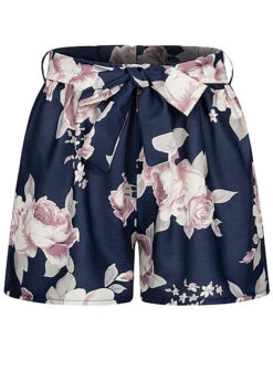 Cloud5ive Damen Musselin Shorts Mit Blumenprint Und Bindegürtel Navy