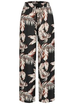 Cloud5ive Damen Viskose Sommer Hose Mit Bündchen Und Palmen Print Schwarz