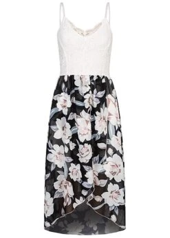 Cloud5ive Damen Vokuhila Kleid Mit Spitze Und Wickeloptik Flowerprint Schwarz